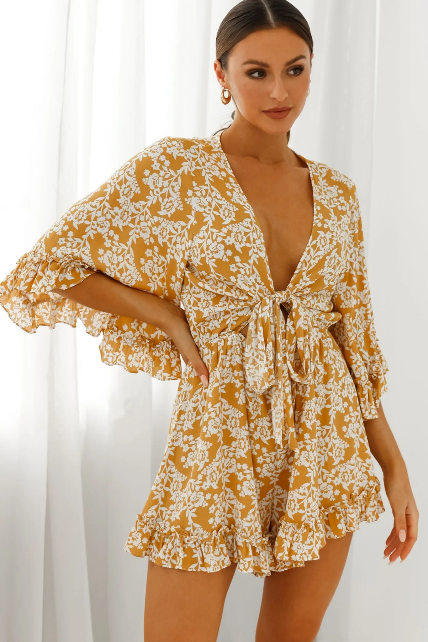 Athira Tied Bust Flared Sleeve Floral Stencil Print Romper Yellow