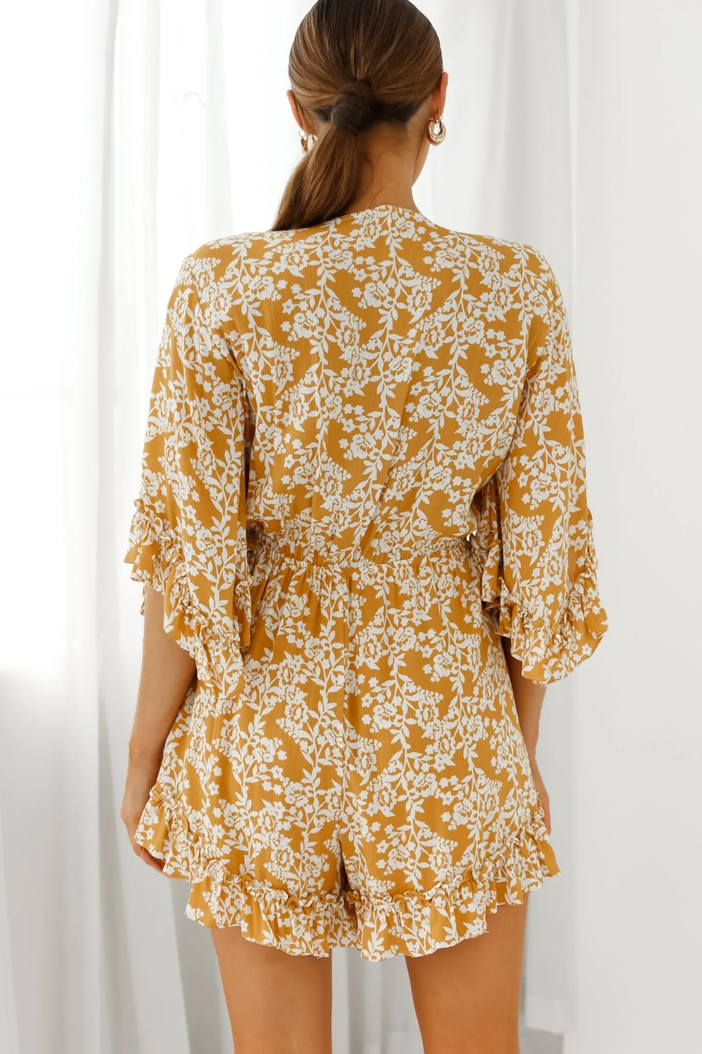 Athira Tied Bust Flared Sleeve Floral Stencil Print Romper Yellow