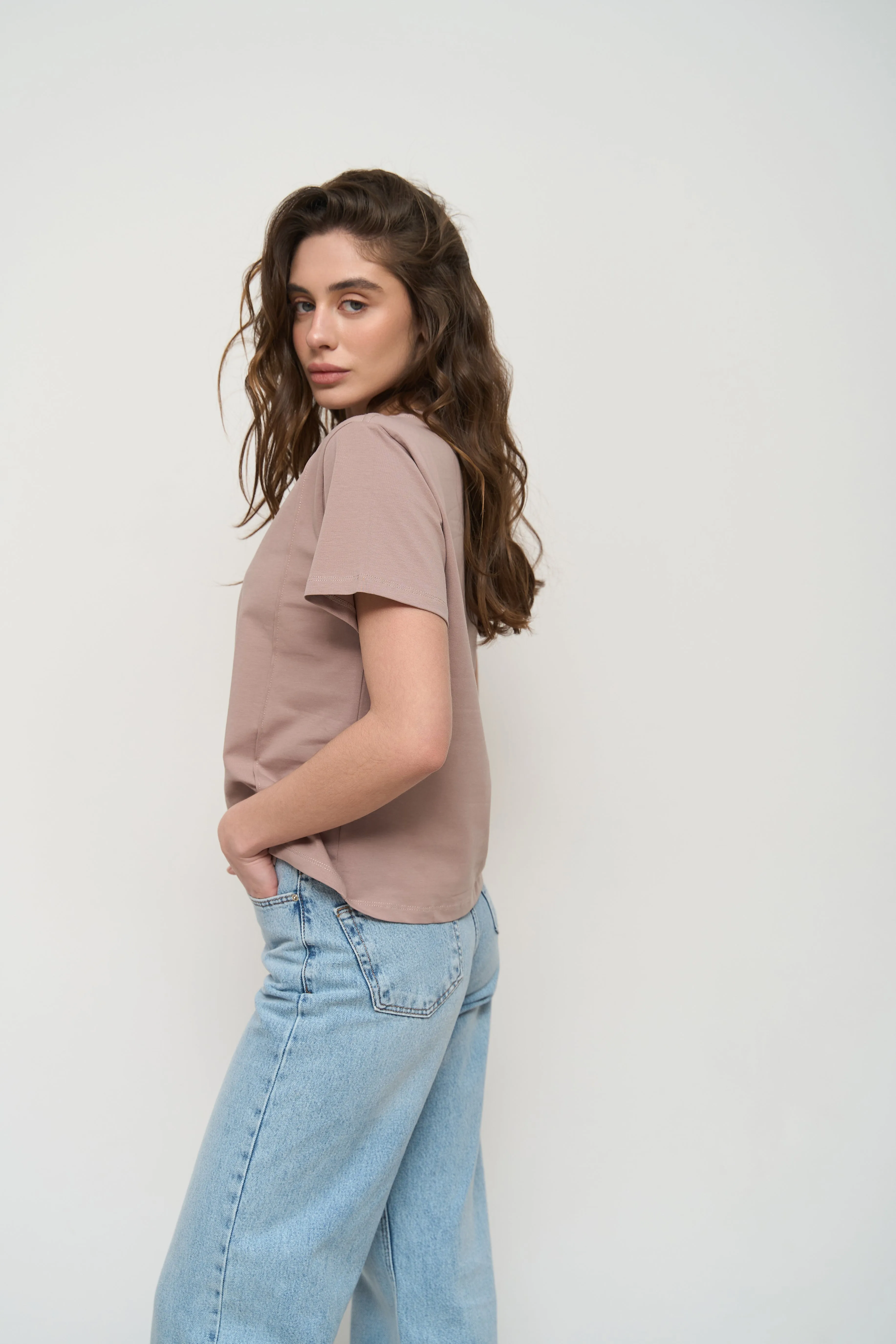 Beige T-Shirt with Decorative Seams