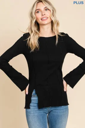 Black Plus Size Boat Neck Merrow Edge Long Sleeve Top