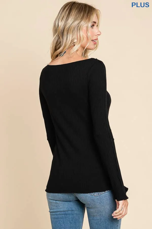 Black Plus Size Boat Neck Merrow Edge Long Sleeve Top