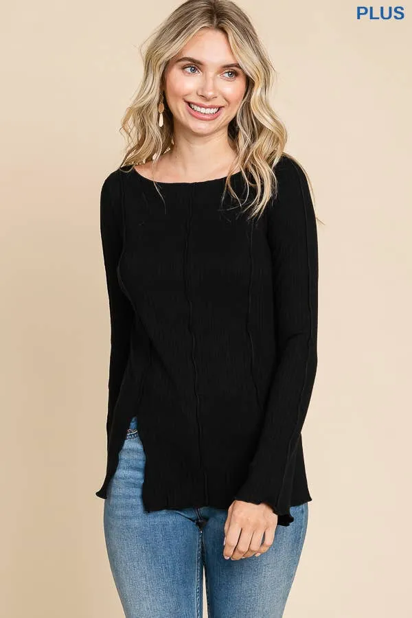 Black Plus Size Boat Neck Merrow Edge Long Sleeve Top