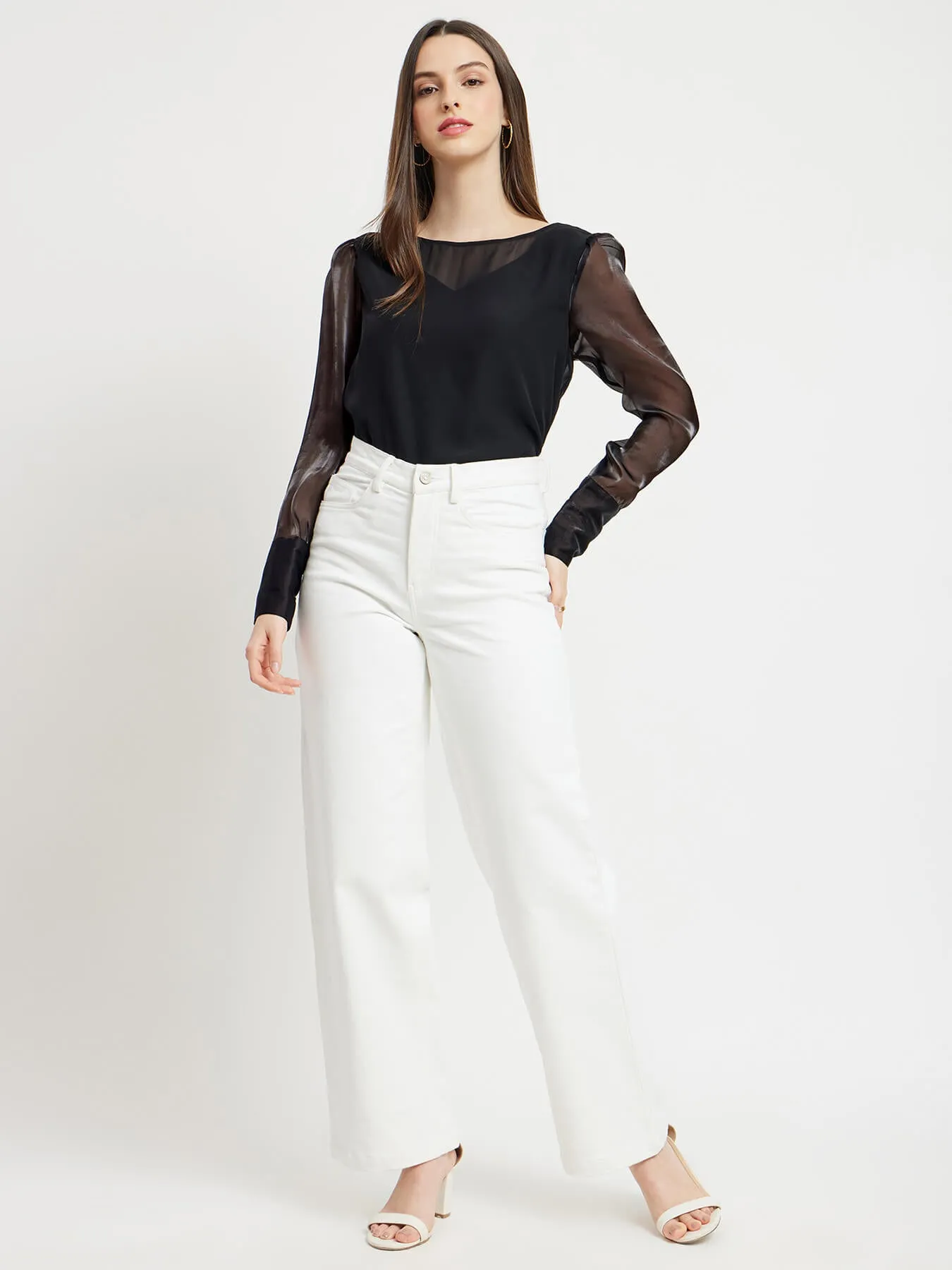 Boat Neck Organza Sleeves Top - Black