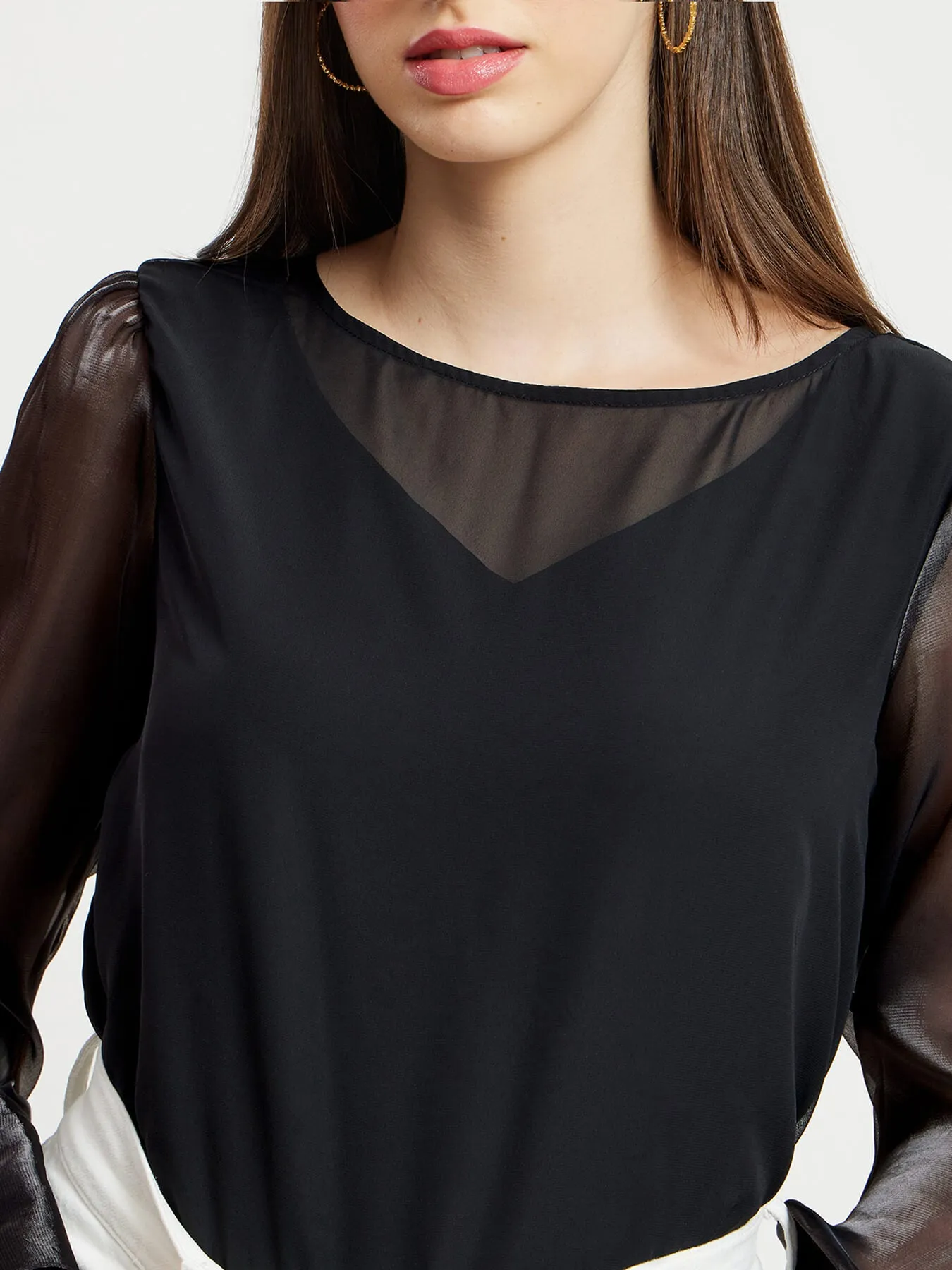 Boat Neck Organza Sleeves Top - Black