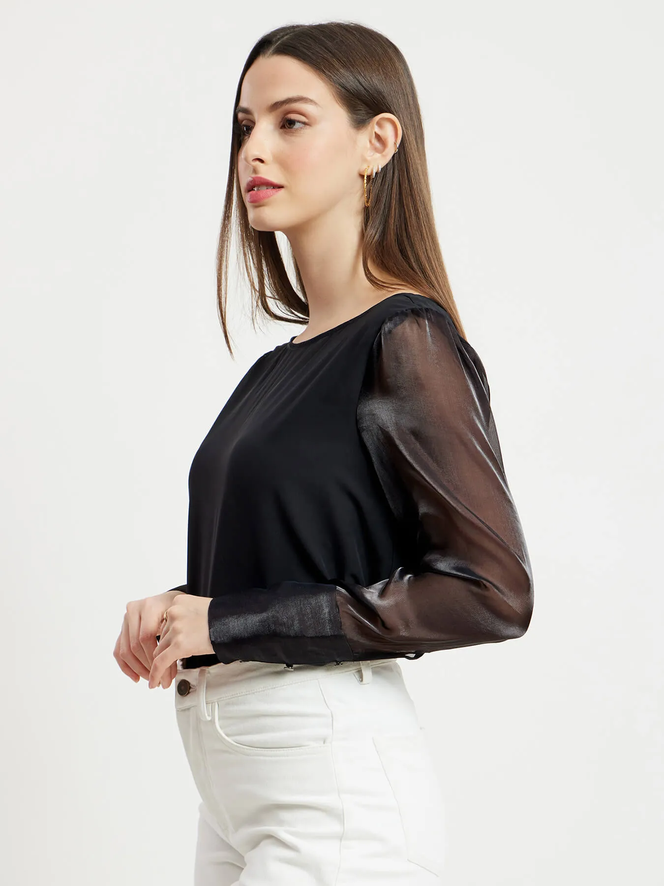 Boat Neck Organza Sleeves Top - Black