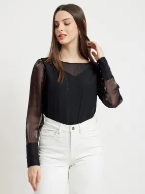 Boat Neck Organza Sleeves Top - Black