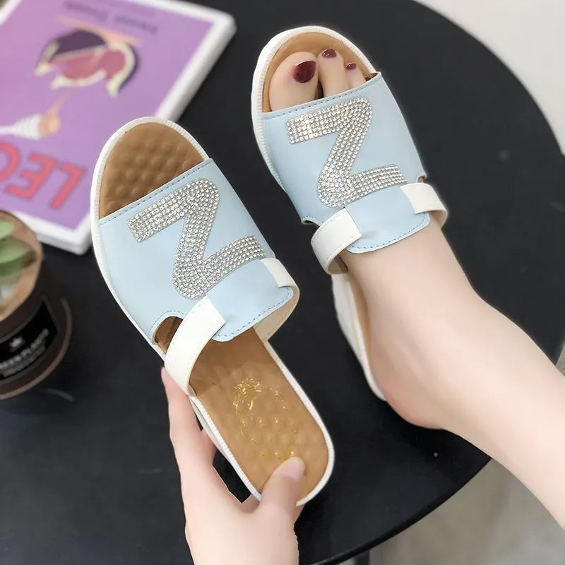 Chicvane Color Block Wedge Espadrille Sandals With Rhinestone Details Slides Shoes