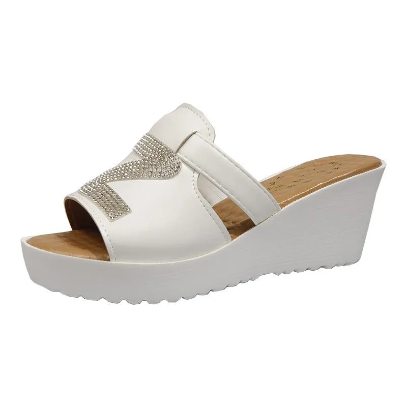 Chicvane Color Block Wedge Espadrille Sandals With Rhinestone Details Slides Shoes