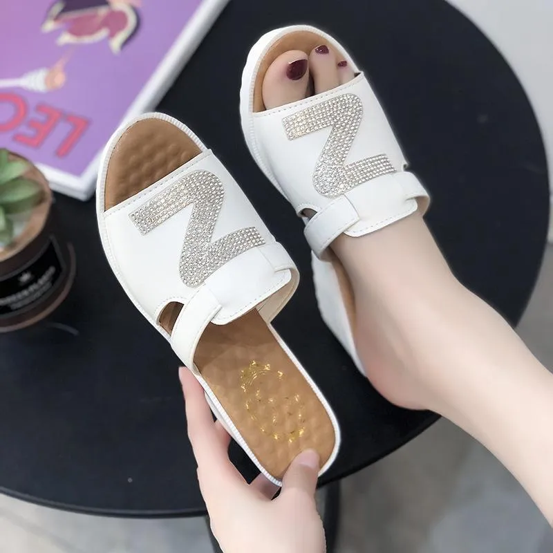 Chicvane Color Block Wedge Espadrille Sandals With Rhinestone Details Slides Shoes