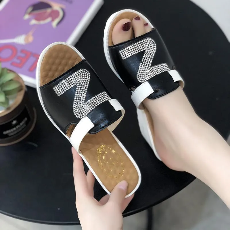 Chicvane Color Block Wedge Espadrille Sandals With Rhinestone Details Slides Shoes