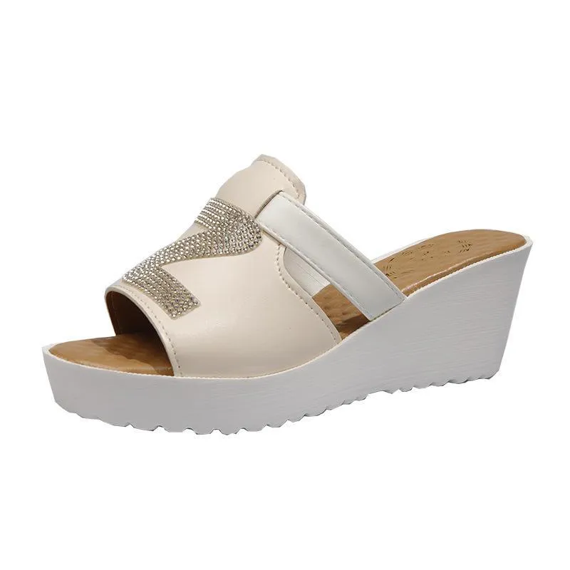 Chicvane Color Block Wedge Espadrille Sandals With Rhinestone Details Slides Shoes