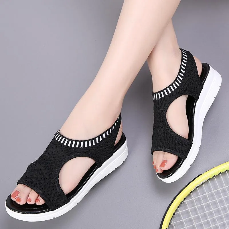 Chicvane Cut Out Mesh Elastic Cord Wedge Sandals Spanish Sandals