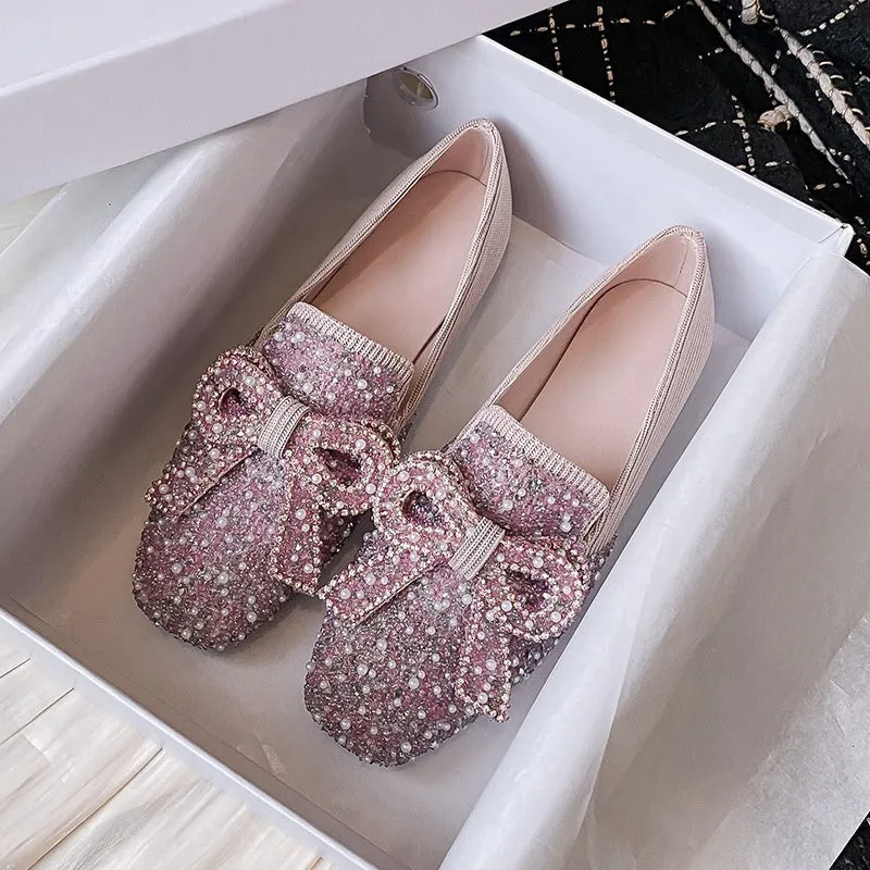 Cilool Crystal Bow Flat Breathable Loafers