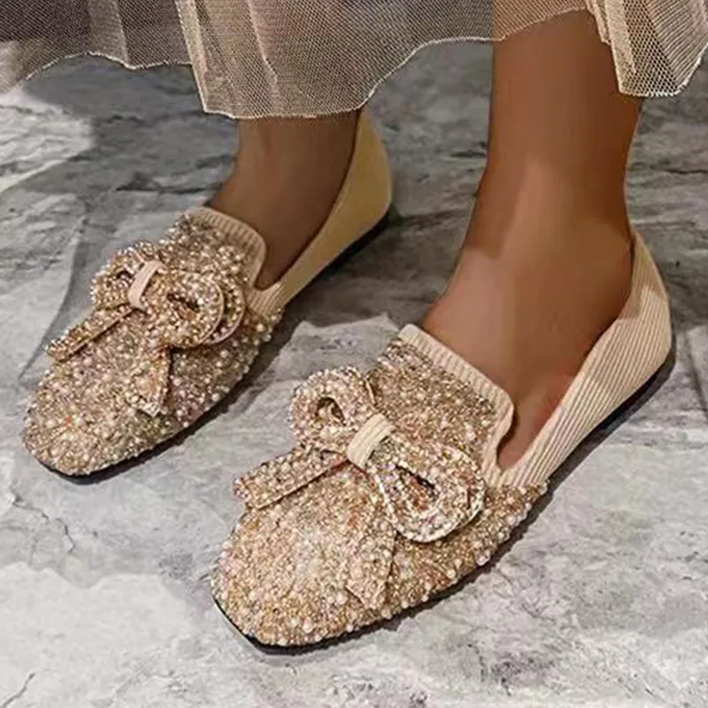 Cilool Crystal Bow Flat Breathable Loafers