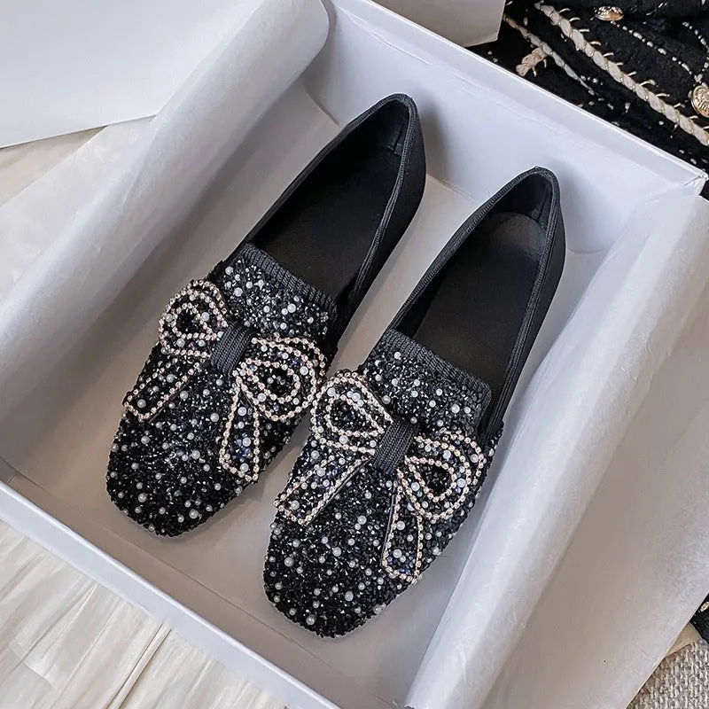 Cilool Crystal Bow Flat Breathable Loafers