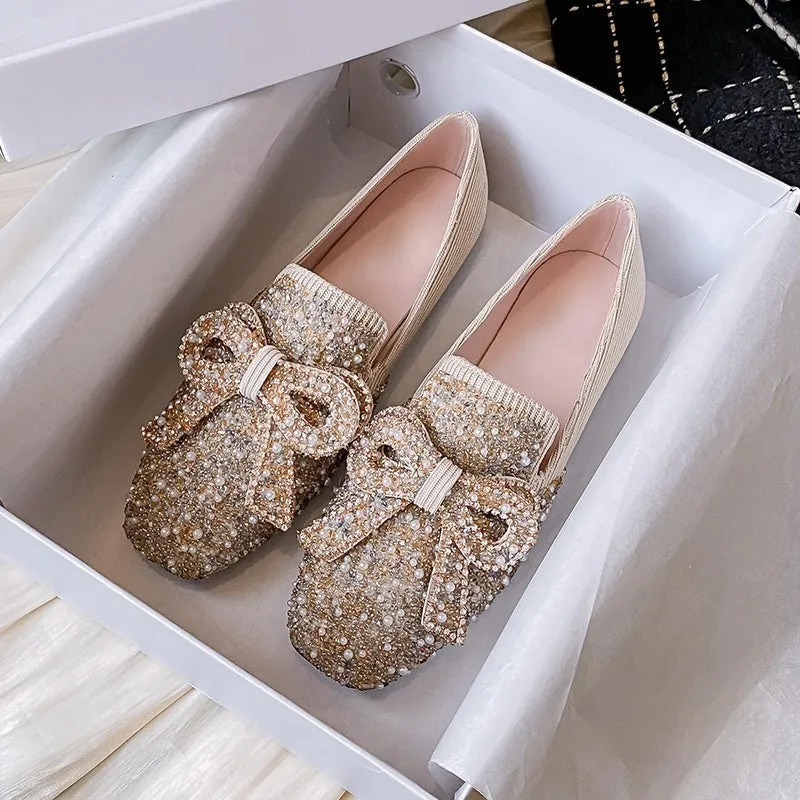 Cilool Crystal Bow Flat Breathable Loafers