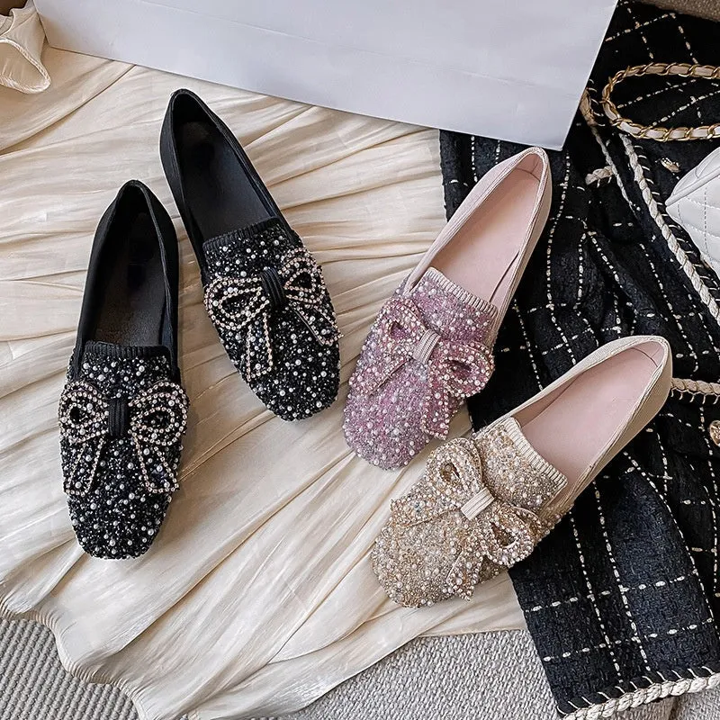 Cilool Crystal Bow Flat Breathable Loafers