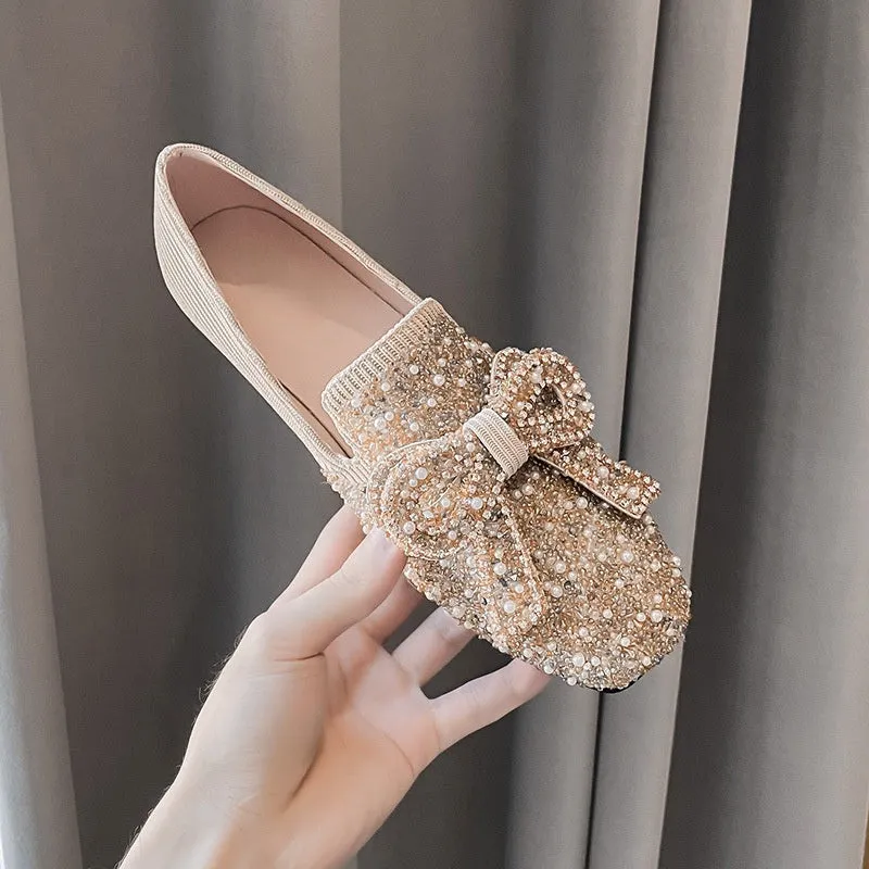 Cilool Crystal Bow Flat Breathable Loafers