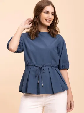Cotton Boat Neck Peplum Top - Blue