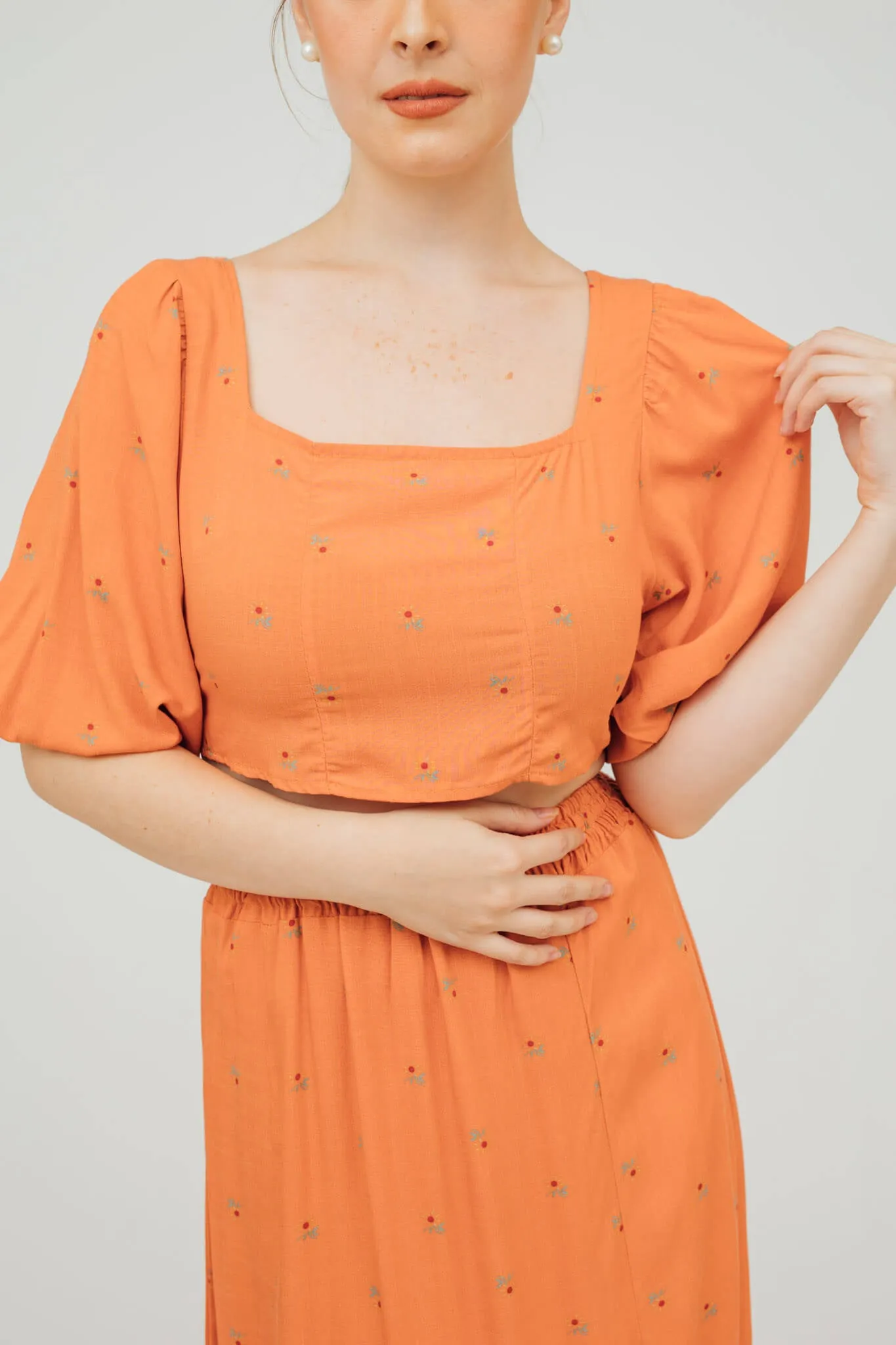 Cyndy Puff Sleeve Top and Midi Skirt Coordinates