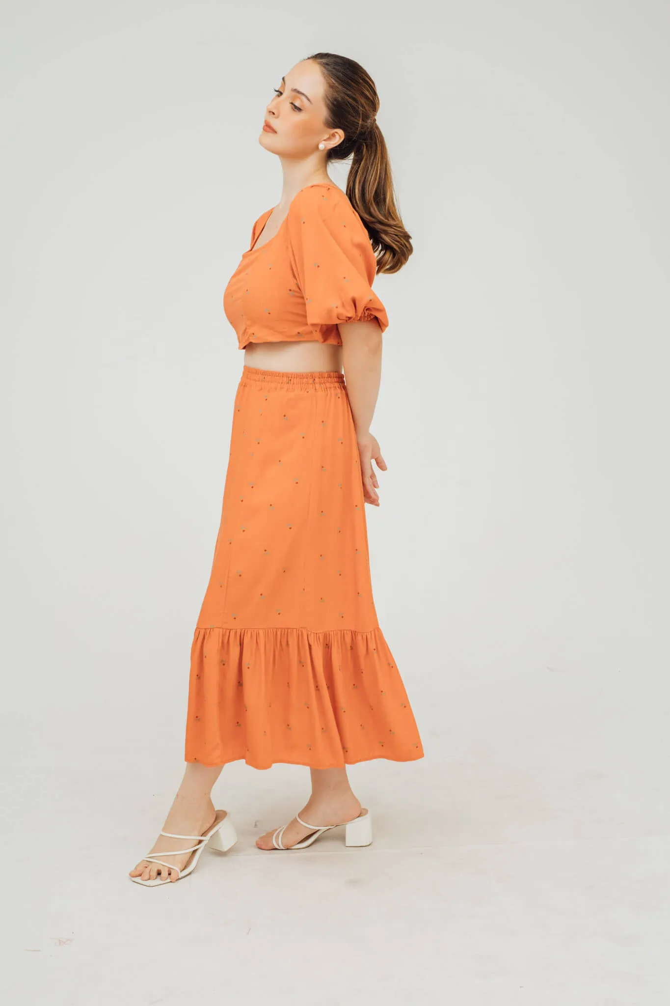 Cyndy Puff Sleeve Top and Midi Skirt Coordinates