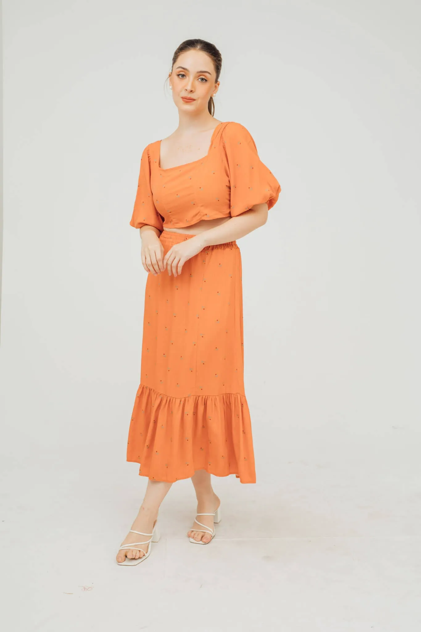 Cyndy Puff Sleeve Top and Midi Skirt Coordinates