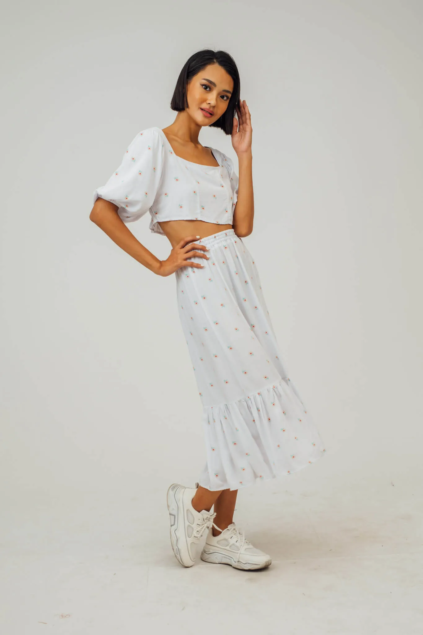 Cyndy Puff Sleeve Top and Midi Skirt Coordinates