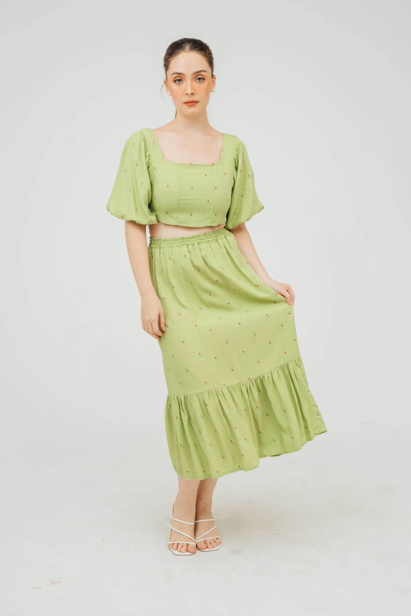 Cyndy Puff Sleeve Top and Midi Skirt Coordinates