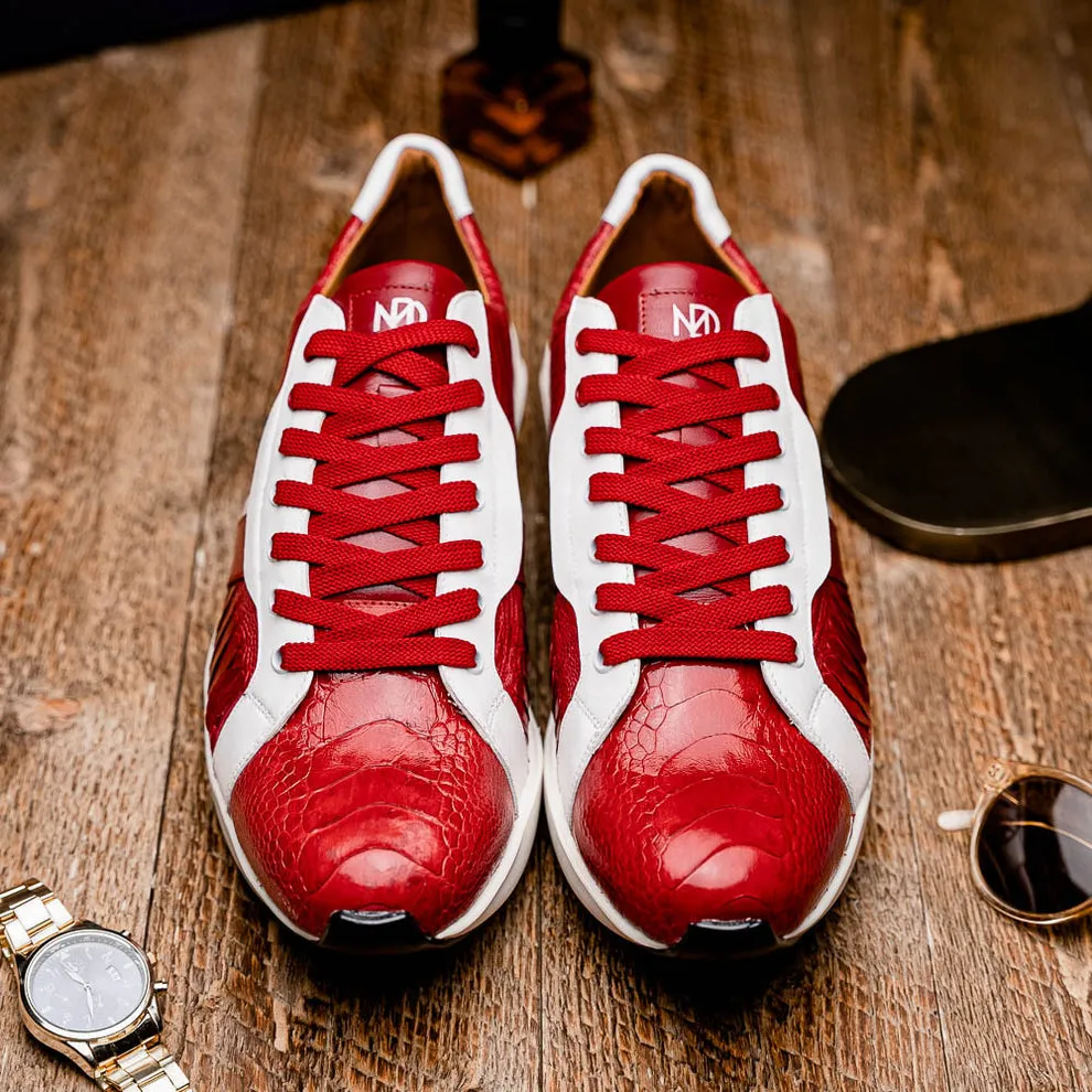 Marco Di Milano Lyon Men's Shoes Red & White Calf-Skin / Ostrich Casual Sneakers (MDM1072)
