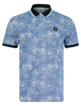 Milo Cotton Blend Pique Tropical Hawaiian Print Polo Shirt in Light Blue - Tokyo Laundry