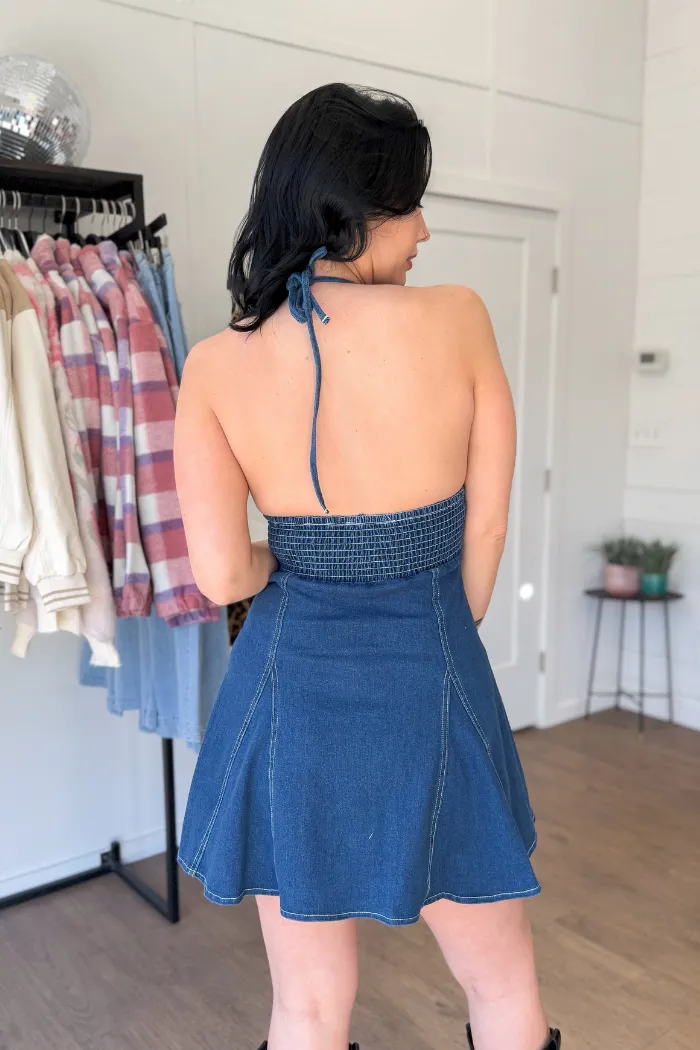 Nashville Halter Denim Flare Mini Dress