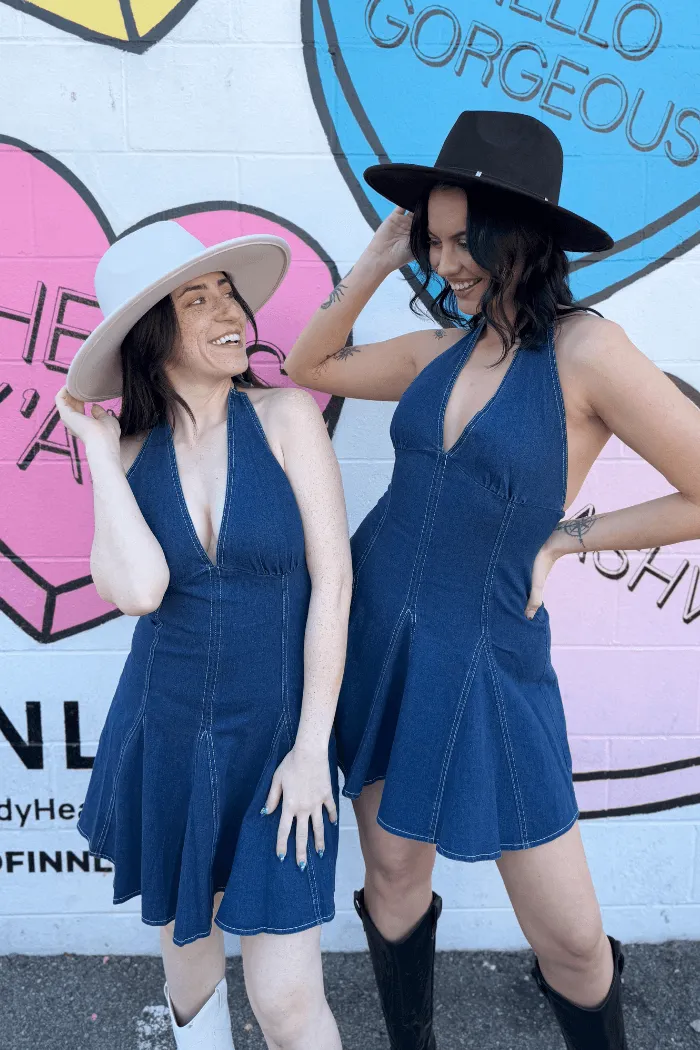Nashville Halter Denim Flare Mini Dress