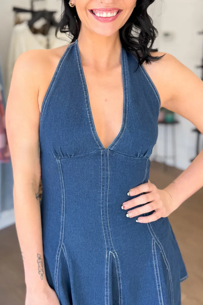 Nashville Halter Denim Flare Mini Dress