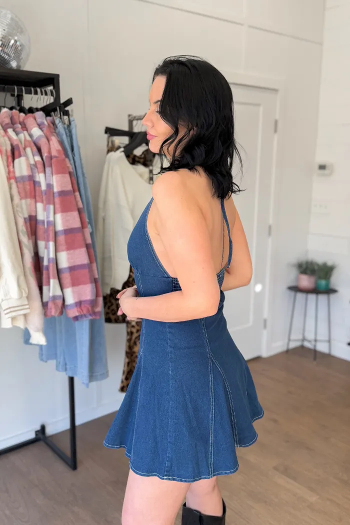Nashville Halter Denim Flare Mini Dress