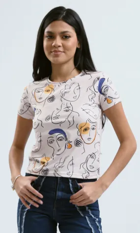 O182833 Faces Pattern Slip On Tee With Crew Neck