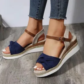 Peep toe bow twisted espadrille wedge sandals for vacation