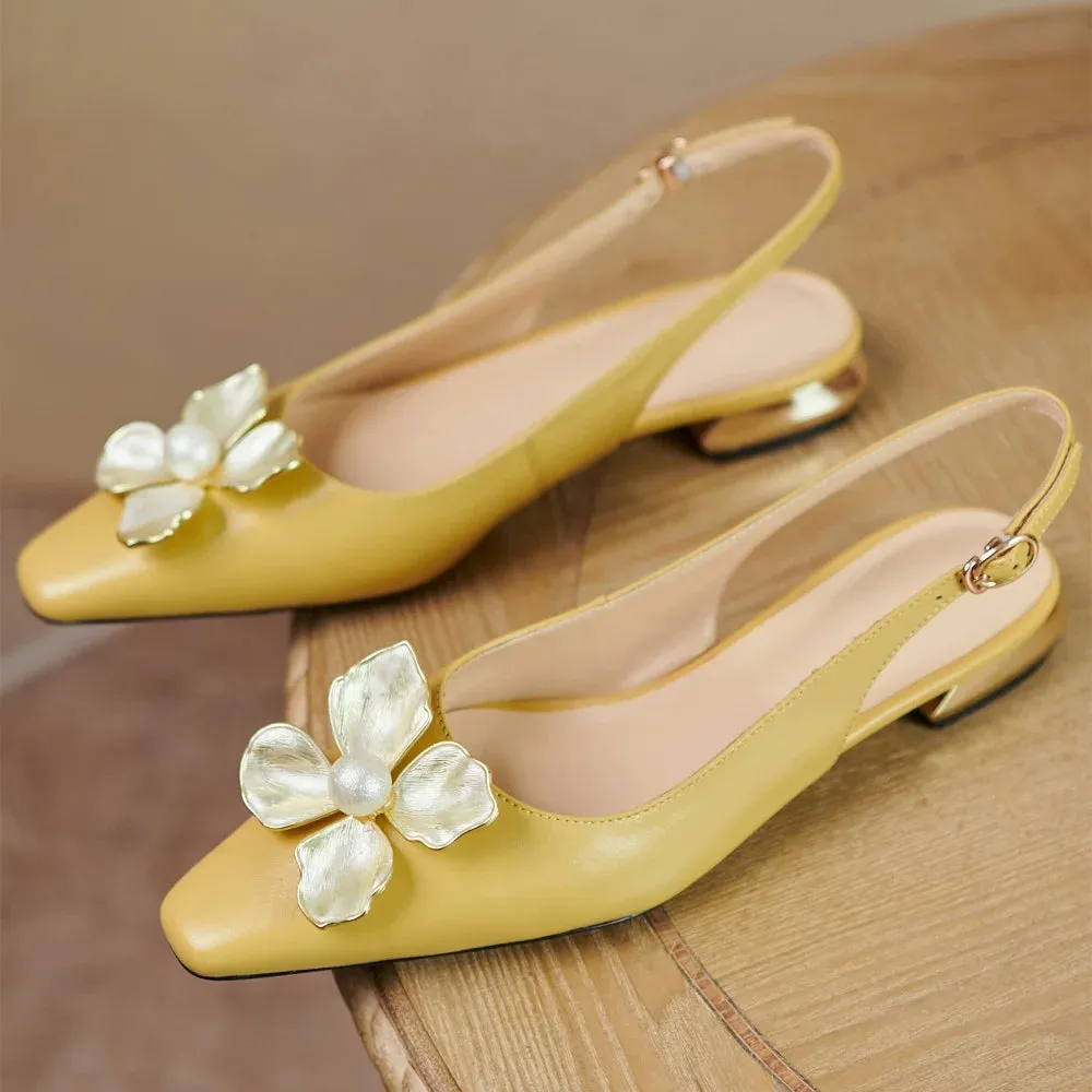 Pointed Toe Leather Mules with Floral Detail