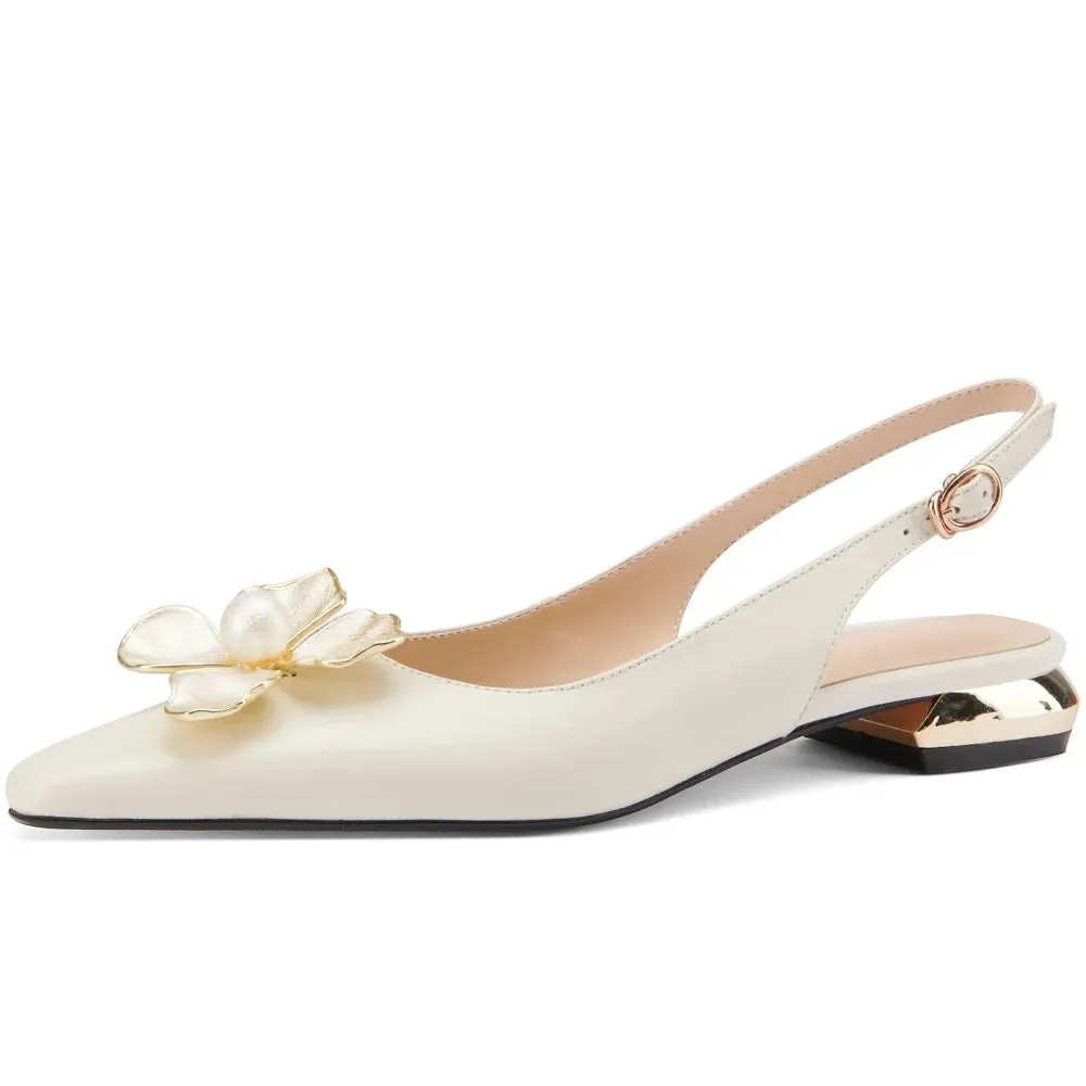 Pointed Toe Leather Mules with Floral Detail