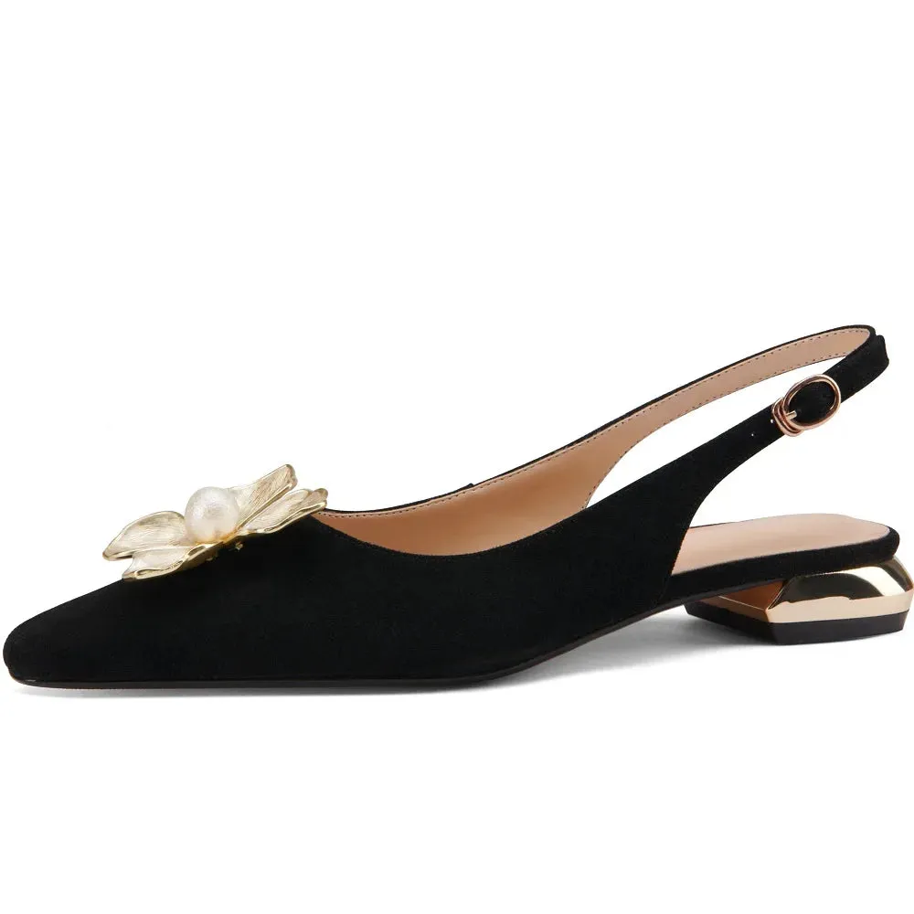 Pointed Toe Leather Mules with Floral Detail