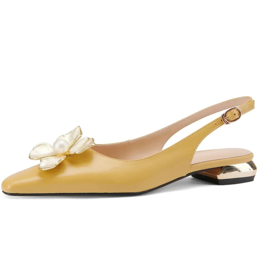 Pointed Toe Leather Mules with Floral Detail