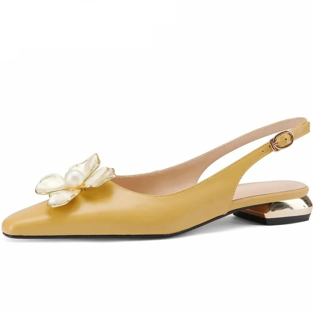 Pointed Toe Leather Mules with Floral Detail