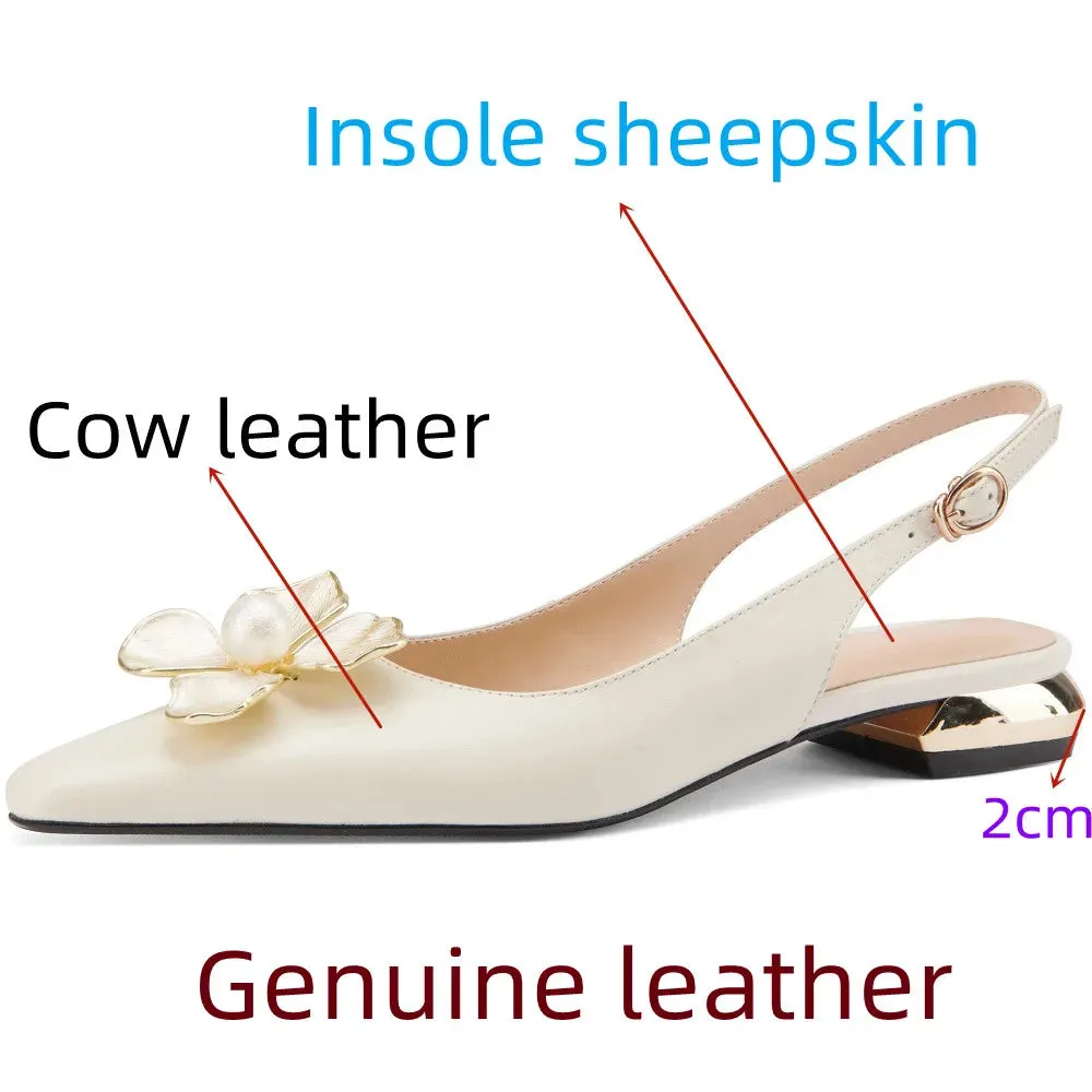 Pointed Toe Leather Mules with Floral Detail