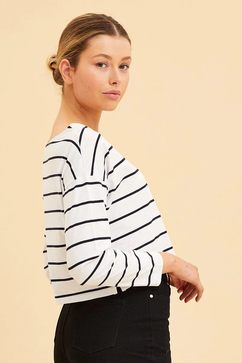Stripe Boxy Top Wide Neck Long Sleeve
