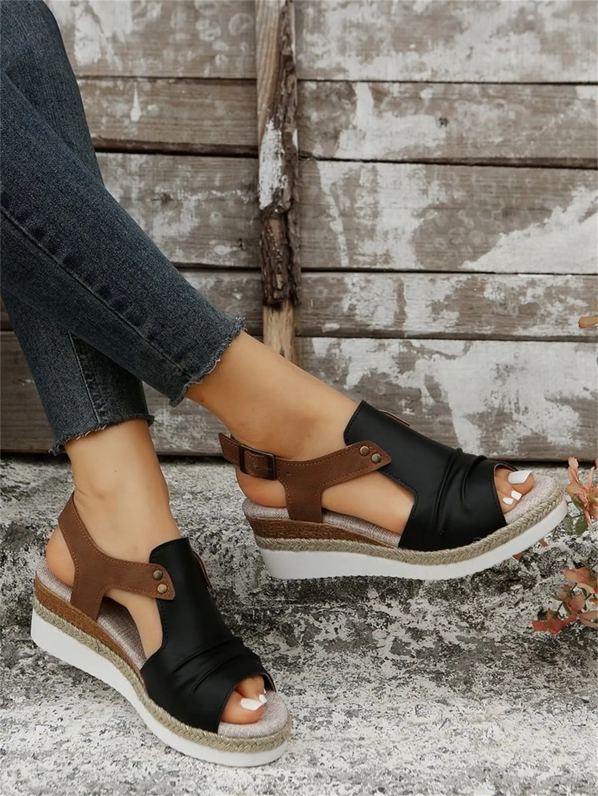 T-Space Women's Stylish Espadrilles Wedge Sandal  Open Toe Ankle Buckle Strap Shoes,Comfy Wedge Shoes Brown