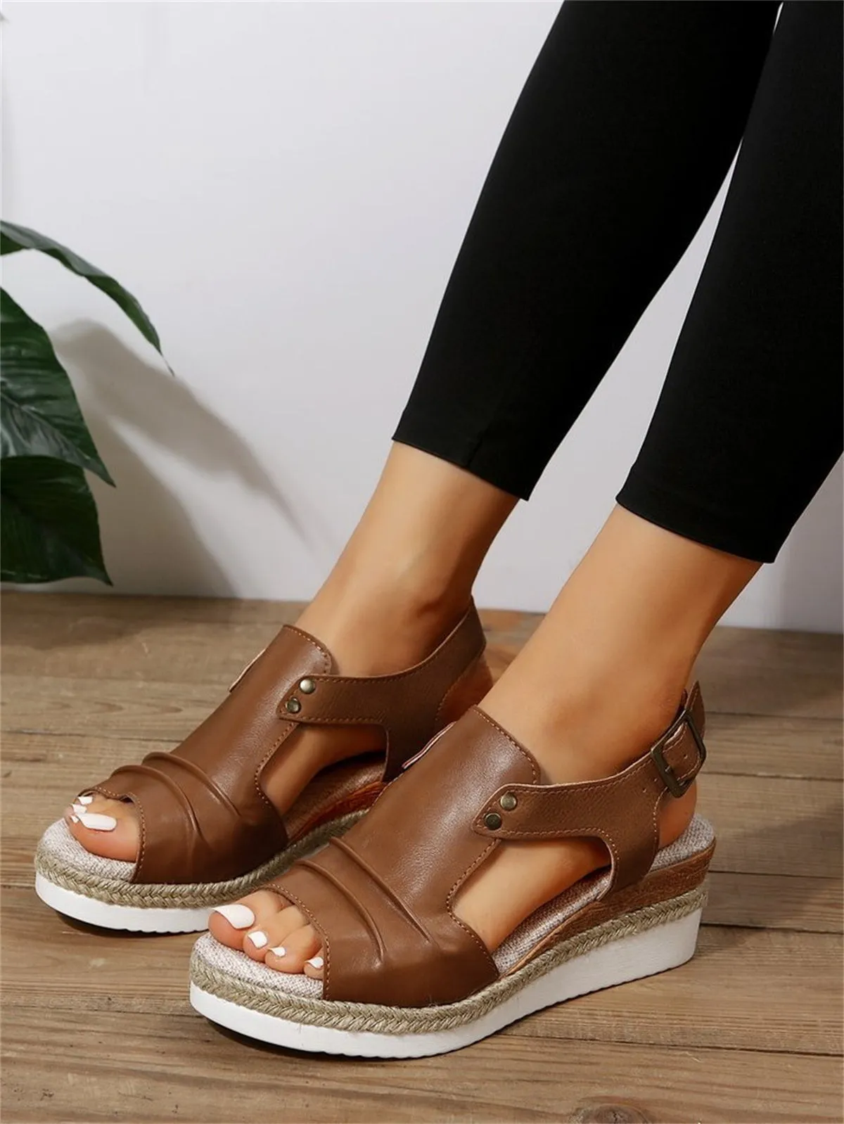 T-Space Women's Stylish Espadrilles Wedge Sandal  Open Toe Ankle Buckle Strap Shoes,Comfy Wedge Shoes Brown
