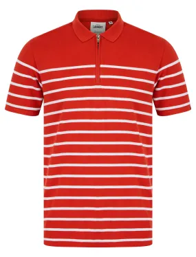 Wick Yarn Dyed Stripe Cotton Pique Zip Fasten Polo Shirt in Ketchup - Tokyo Laundry
