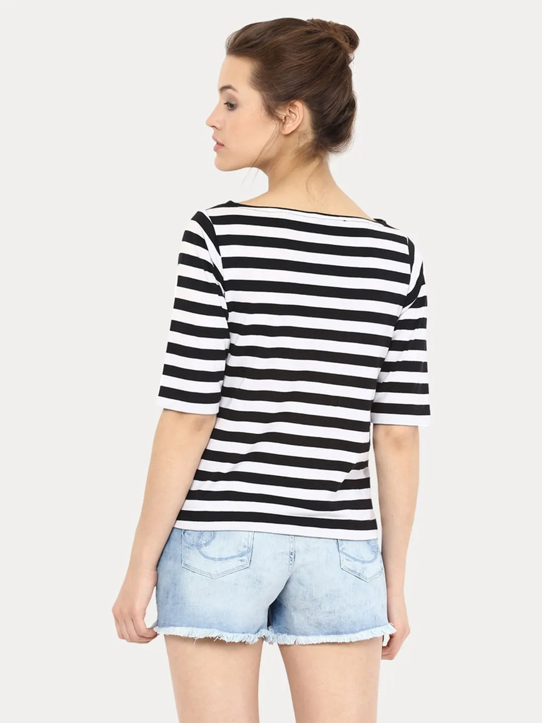 Women's Black and White Boat Neck Half Sleeves Solid Striped Top