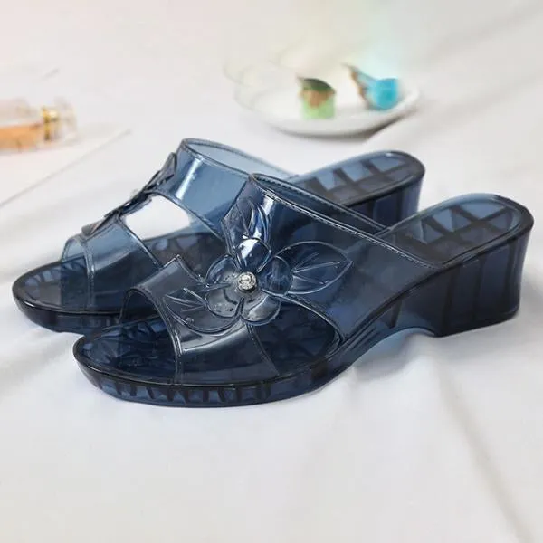 Women's Crystal Flower Rhinestone Wedge Slippers 42023754C