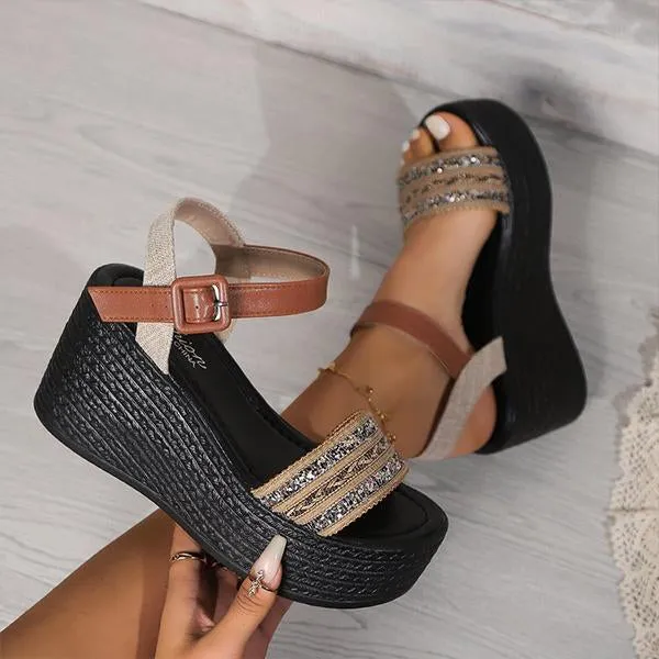 Women's Ethnic Style Thick Sole Buckle Wedge Sandals 57940589S