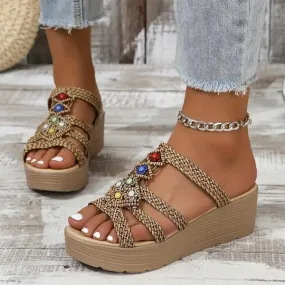 Women's Retro Bohemian Braided Beaded Wedge Slippers 70398983S